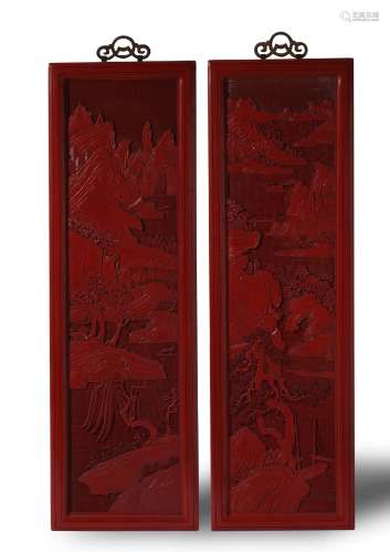 PAIR OF CARVED CINNABAR LACQUER LANDSCAPE HANGING PANELS    ...