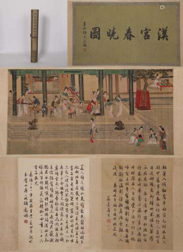 QIU YING, FIGURE PAINTING AND CALLIGRAPHY HAND SCROLL