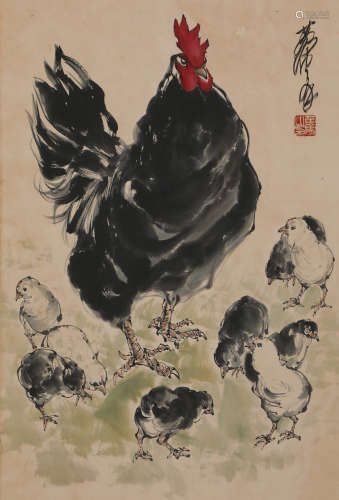 HUANG ZHOU, HEN AND CHICKS CHINESE PAINTING