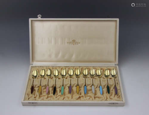 SET OF SILVER ENAMELED COFFEE SPOONS