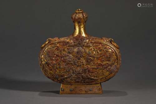 RELIEF-DECORATED GOLD MADE DRAGON MOON FLASK      Raised on ...