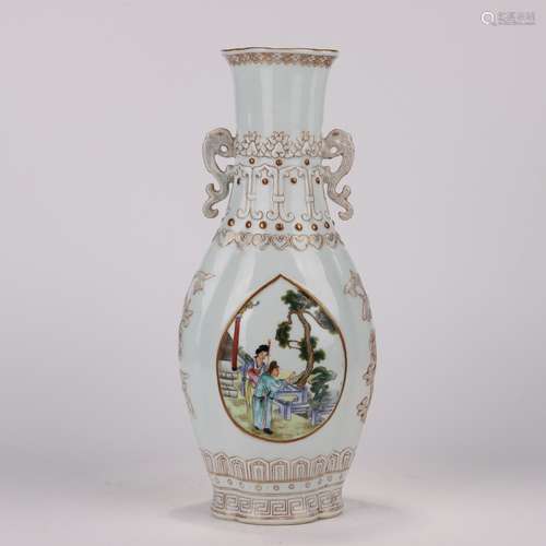 FAMILLE ROSE FIGURE DOUBLE-EARED VASE