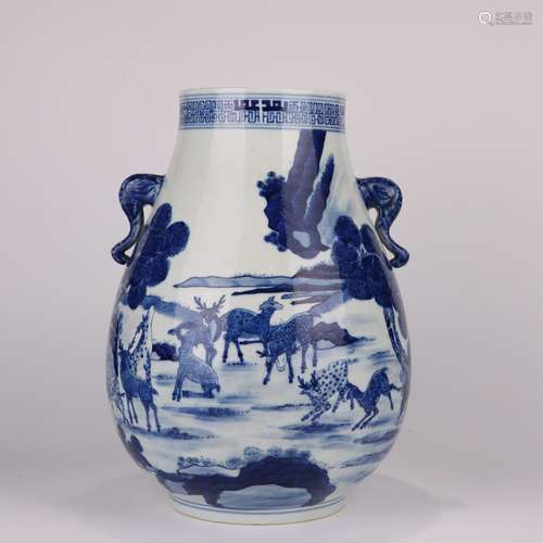 BLUE AND WHITE DEER DOUBLE-EARED ZUN VASE