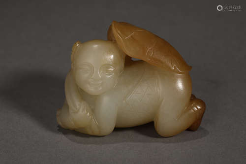 HETIAN JADE KID AND LOTUS ORNAMENT