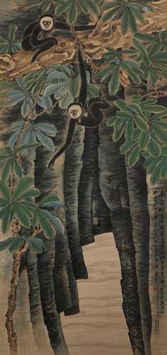 ZHANG DAQIAN, MONKEY AND PLANTAIN PAINTING SCROLL