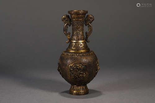 GILT BRONZE FLOWER AND BIRD GLOBULAR VASE                The...