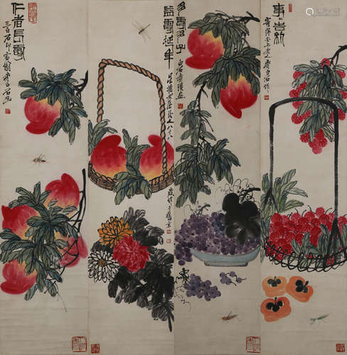 QI BAISHI, FOUR PEACHES PAINTING SCREENS