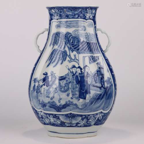 BLUE AND WHITE FIGURE DOUBLE-EARED VASE