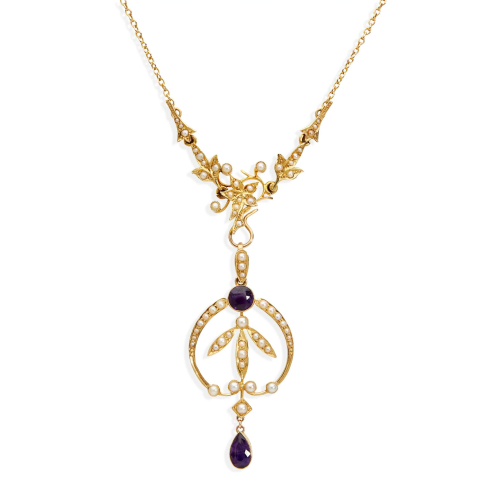 An early 20th century seed pearl and amethyst necklace