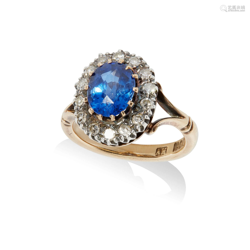 A synthetic sapphire and diamond cluster ring