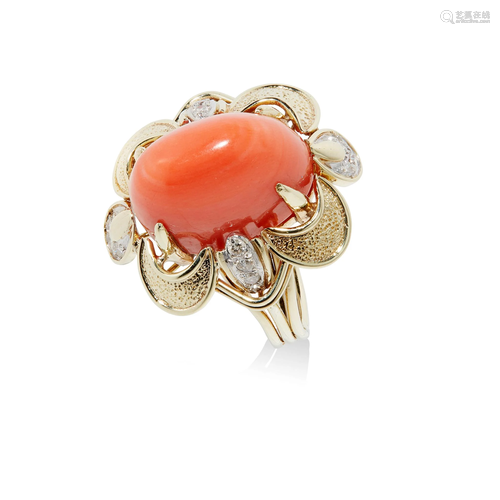 A mid-20th century coral and diamond cocktail ring