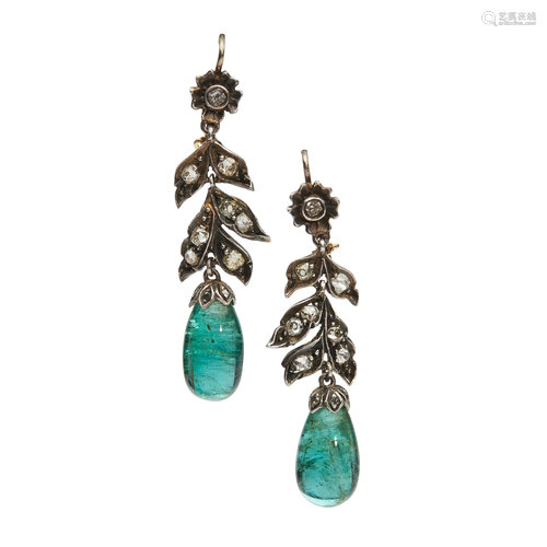 A pair of emerald and diamond pendent earrings