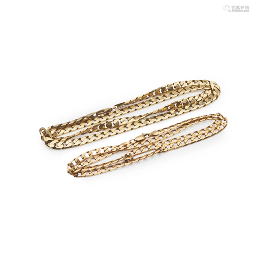 Two 9ct gold flattened curb link chains