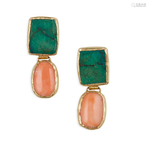 A pair of coral and turquoise earrings