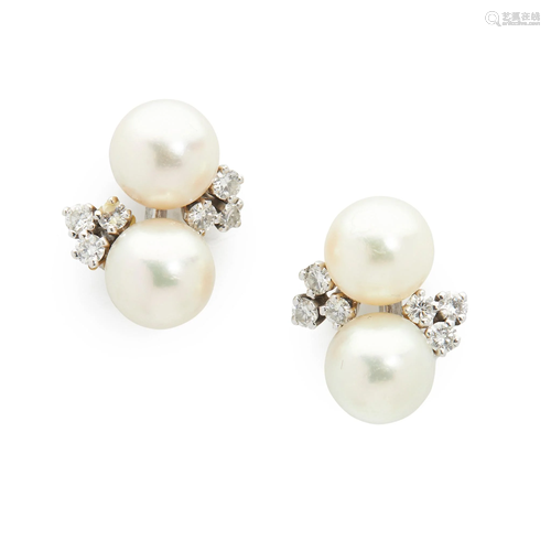 A pair of diamond and pearl cluster earrings