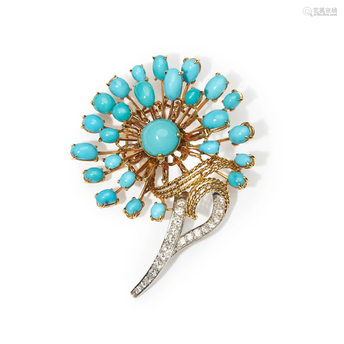 A turquoise and diamond brooch