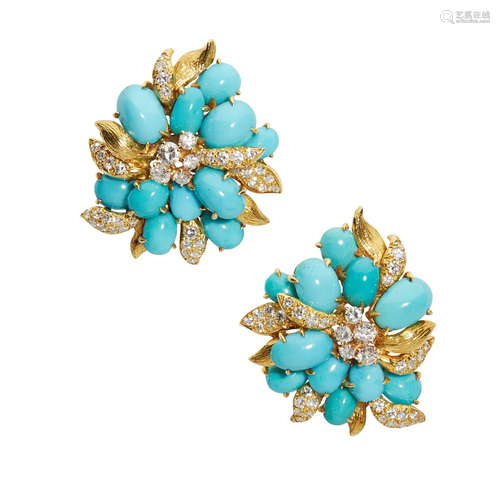 A pair of turquoise and diamond earrings, by Julius