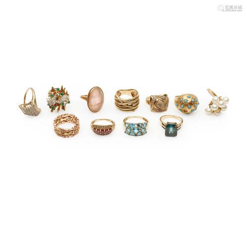 A collection of eleven gold and gem-set rings