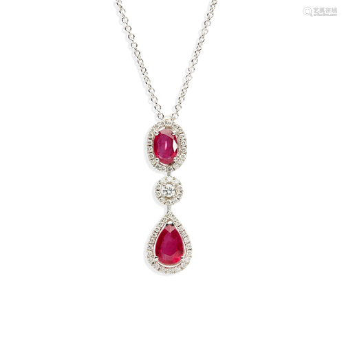 An 18ct white gold ruby and diamond pendant, by Mappin