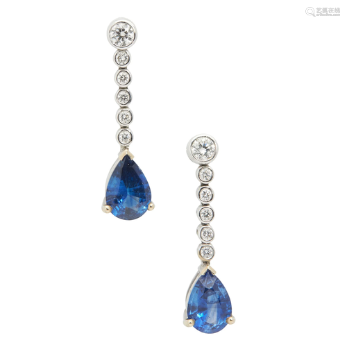 A pair of sapphire and diamond pendent earrings