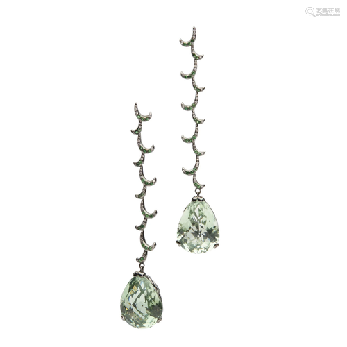 A pair of prasiolite and diamond pendent earrings