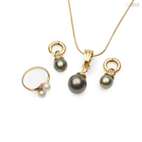 A Tahitian pearl and diamond pendant and matching