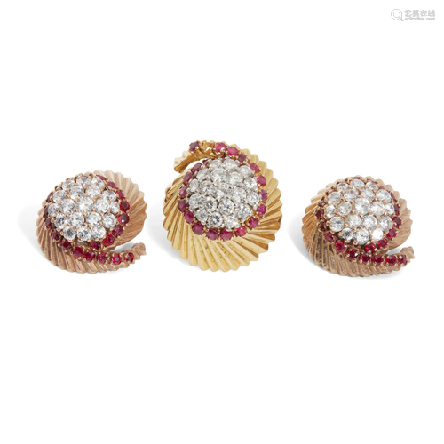 A pair of mid-century diamond and ruby earrings and