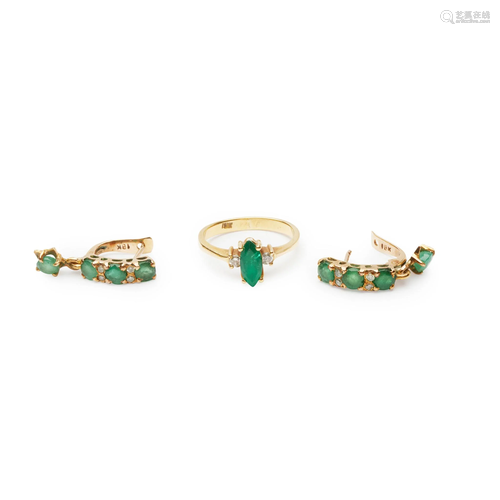 An emerald and diamond ring and earrings