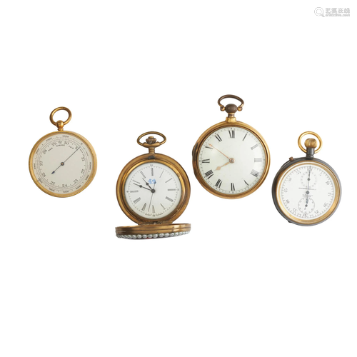 Two pocket watches, a stop watch and a pocket barometer