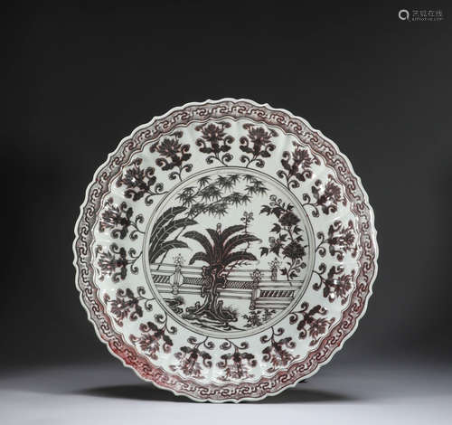 Yuan Dynasty, underglaze red flower plate