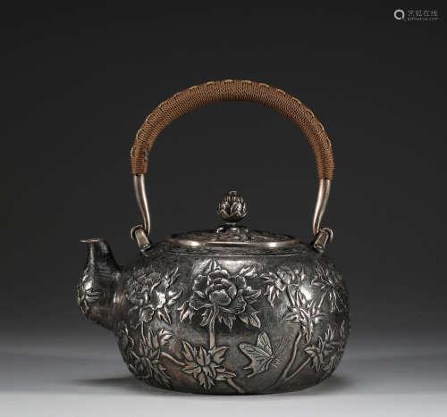 Japan, pure silver flower pattern teapot