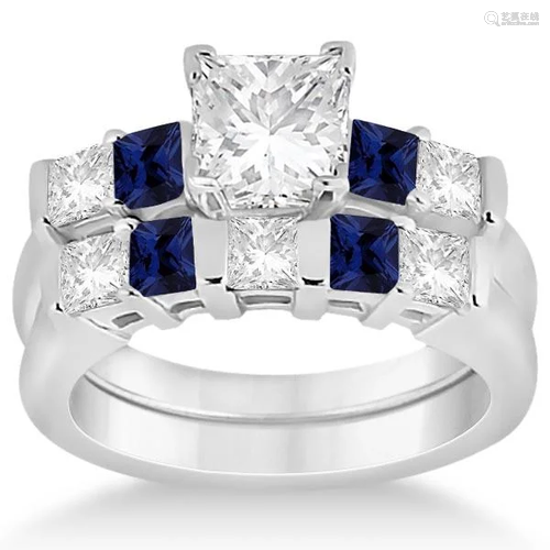 5 Stone Diamond and Blue Sapphire Bridal Set Platinum 2