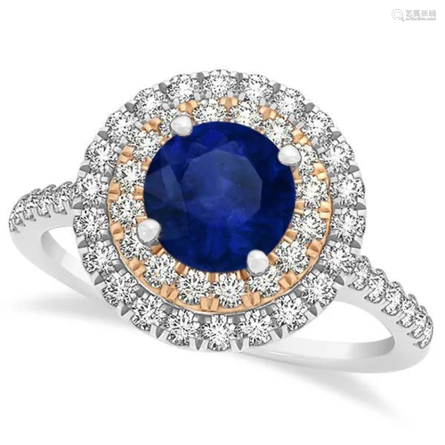 Double Halo Round Blue Sapphire Engagement Ring 14k Two