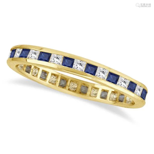 Princess-Cut Sapphire and Diamond Eternity Ring 14k Yel