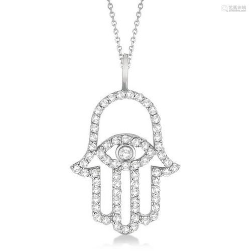 Diamond Hamsa Evil Eye Pendant Necklace 14k White Gold