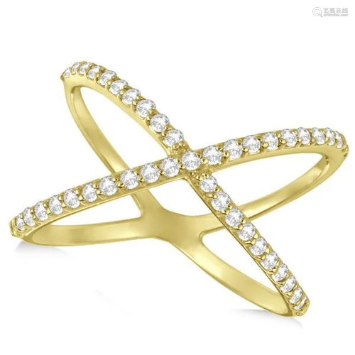 X Shaped Ring with Diamonds, Abstractw Design 14k Yello