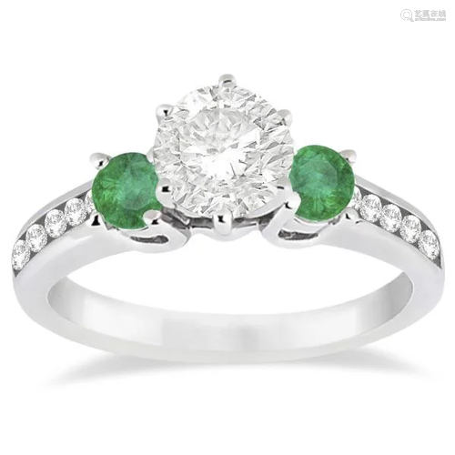 Three-Stone Emerald and Diamond Engagement Ring 14k Whi