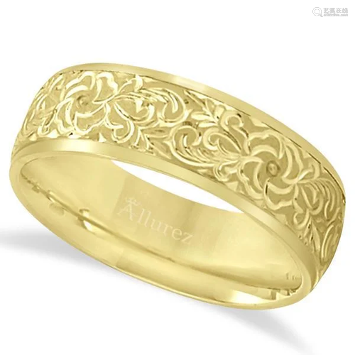 Hand-Engraved Flower Wedding Ring Wide Band 14k Yellow