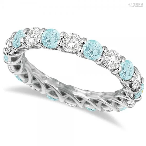 Luxury Diamond and Aquamarine Eternity Ring Band 14k Wh