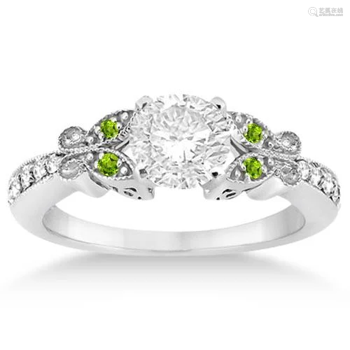 Butterfly Diamond and Peridot Engagement Ring 14k White