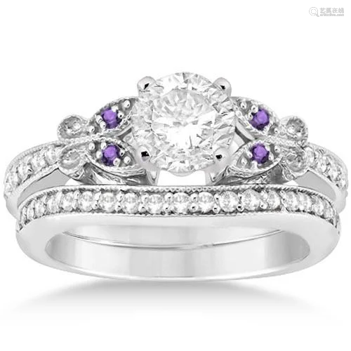 Butterfly Diamond and Amethyst Bridal Set 18k White Gol