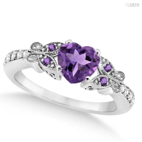 Butterfly Amethyst and Diamond Heart Engagement Ring 14