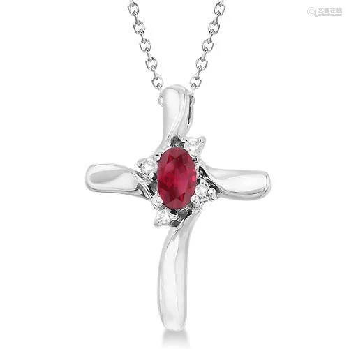 Ruby and Diamond Cross Necklace Pendant 14k White Gold