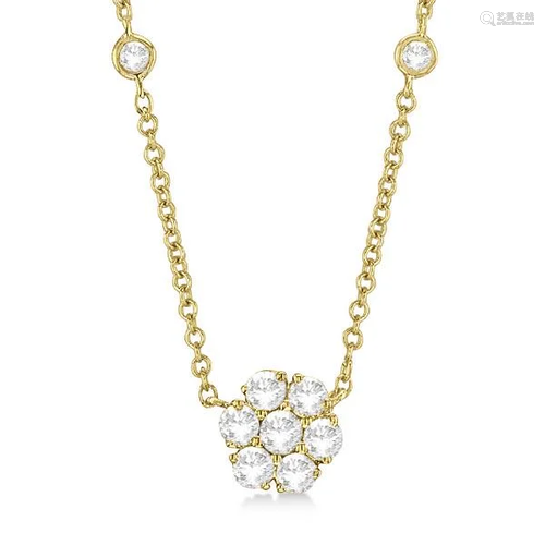 Flower Pendant Station Necklace 14k Yellow Gold 1.50ctw