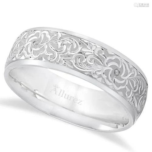 Hand-Engraved Flower Wedding Ring Wide Band 14k White G