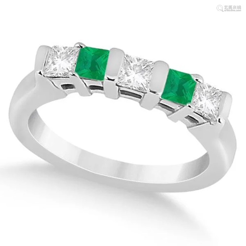 5 Stone Diamond and Green Emerald Princess Ring 18K Whi