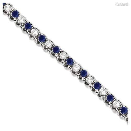 Round Blue Sapphire and Diamond Tennis Bracelet 14k Whi