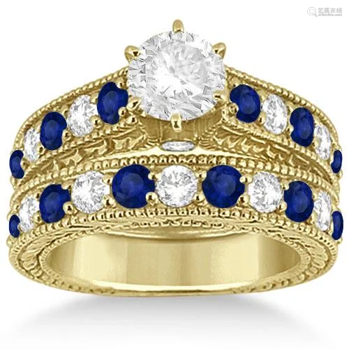 Antique style Diamond and Sapphire Bridal Ring Set 14k