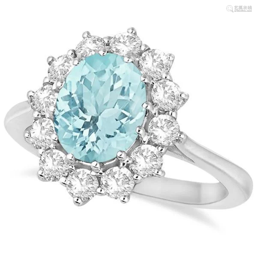 Oval Aquamarine and Diamond Accented Ring in 14k White