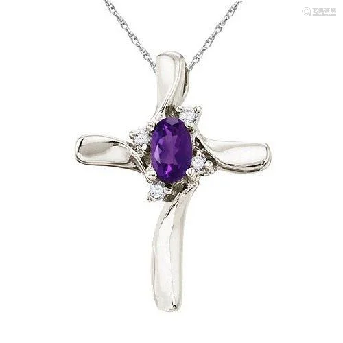 Amethyst and Diamond Cross Necklace Pendant 14k White G